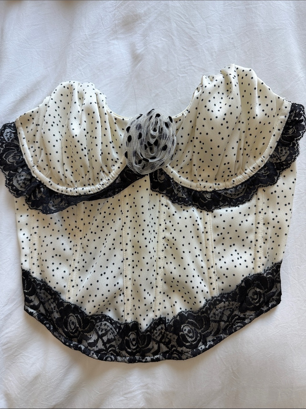 For Love And Lemons Ivory and Black Polka Dot Lace Trim Bustier Top